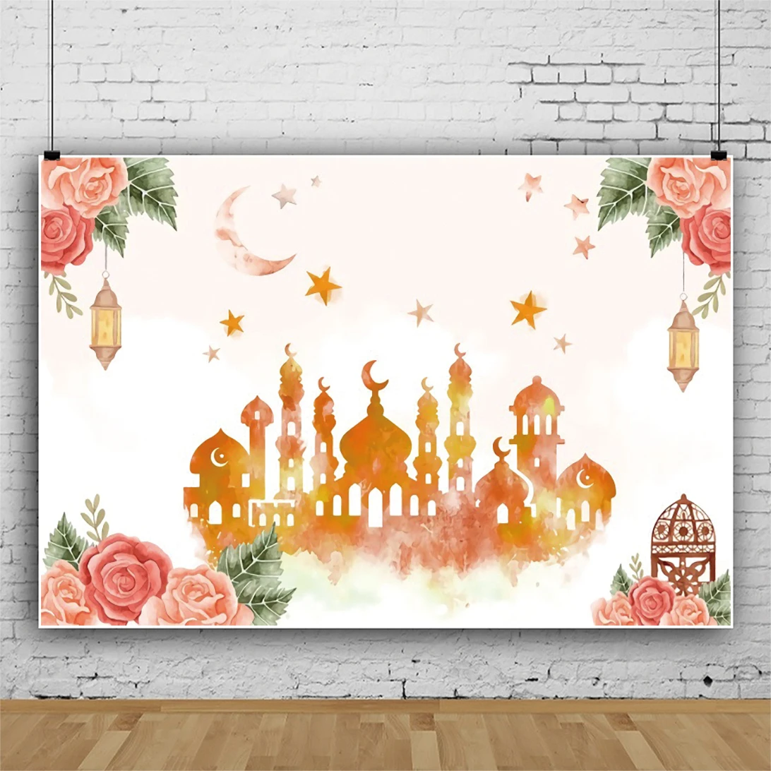 Laeacco Eid Mubarak Photography Backdrops Watercolor Light Mosque Lantern Moon Flower Customized Ramadan Kareem Backgrounds