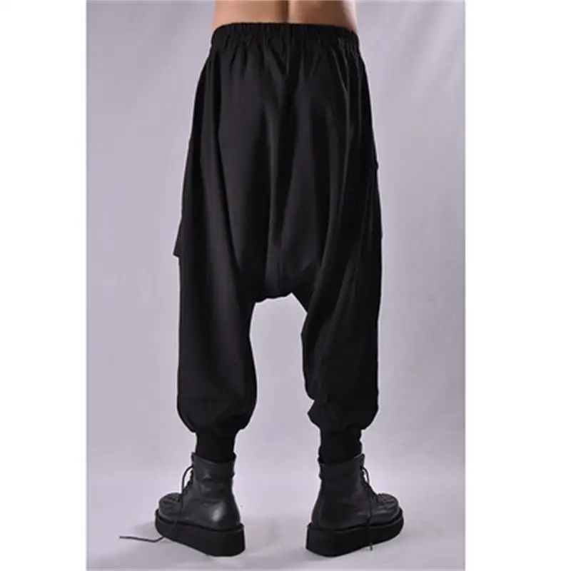 Men's Low Stop Harlan Pants Fall Solid Color Elastic Waist With Large Pocket Design Hanging Gear Fashionable Nine-Minute Pants