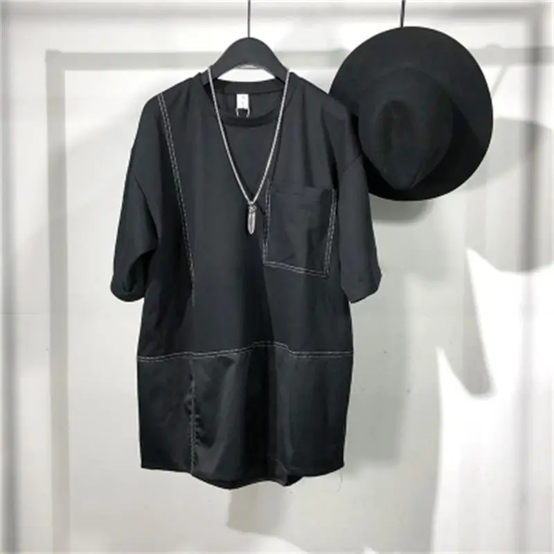 Original summer tide men dark line splicing loose short-sleeved t-shirt Yubari simple personality round collar jacket