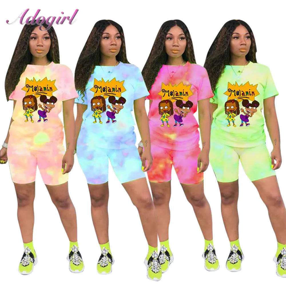 Summer Tie Dye Two Piece Sets Casual Cartoons Print Short Sleeve Crop Tops Tee Joggers Shorts Suit Outfit Streetwear Tracksuit