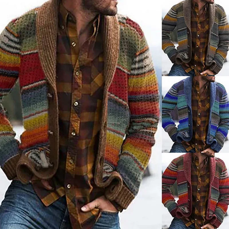 Winter Men Sweaters 2021 New Spring Men Warm Wool Knitted Sweaters Cardigan Men Winter Fashion Mix Color Stripe Outwear Coat