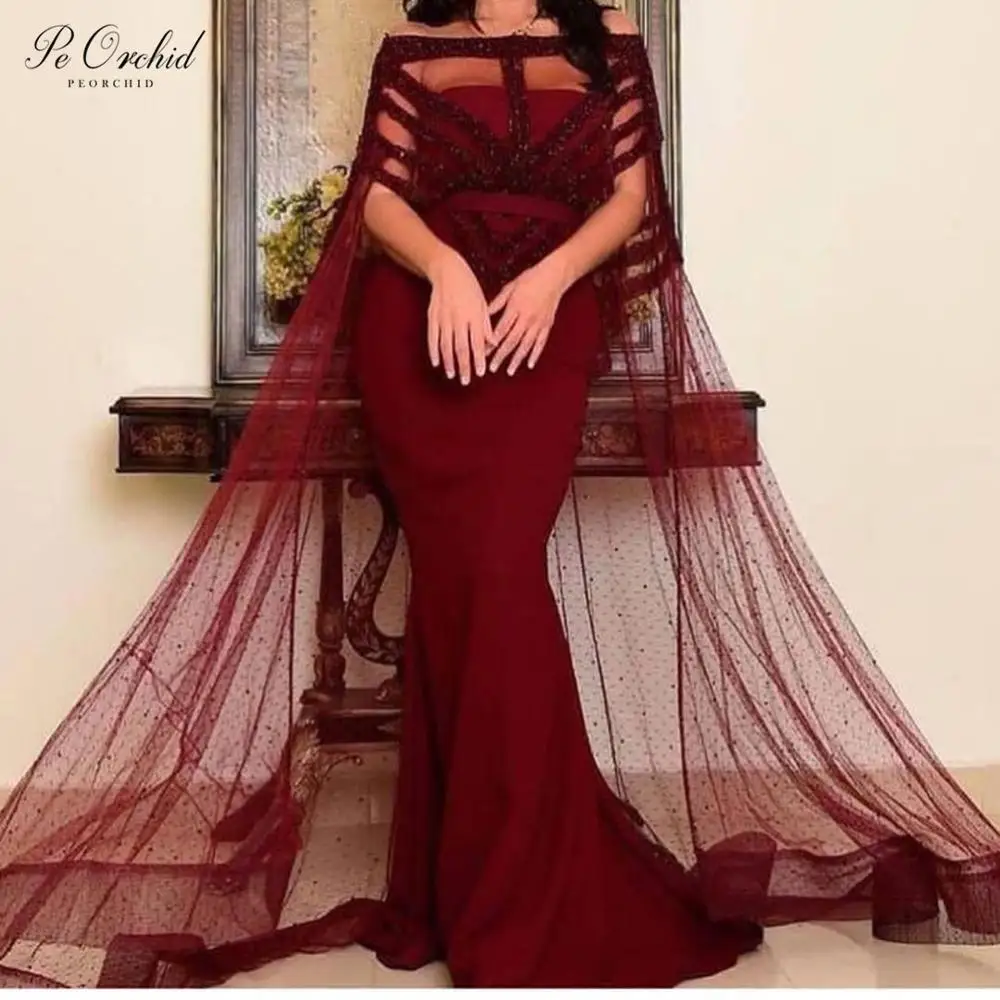 

PEORCHID Luxury Burgundy Long Evening Dress With Cape Dubai Arabic Beaded Mermaid Formal Dress Women Elegant Party Gown 2020