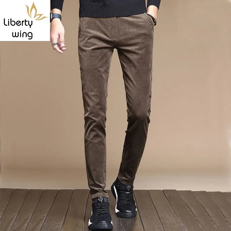 

Autumn Mens Corduroy Long Casual Slim Fit Pencil Pants Male Winter Fleece Lining Warm Trousers Streetwear Plus Size 28-40