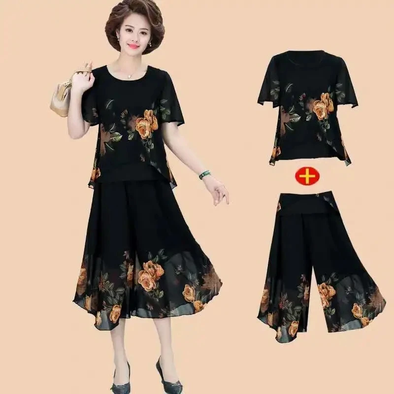 Fashion Mother Summer Chiffon Print Top Skirt Pants Suit Short-Sleeved Middle-Aged and Elderly Women Two-Piece Sets Women 5XL