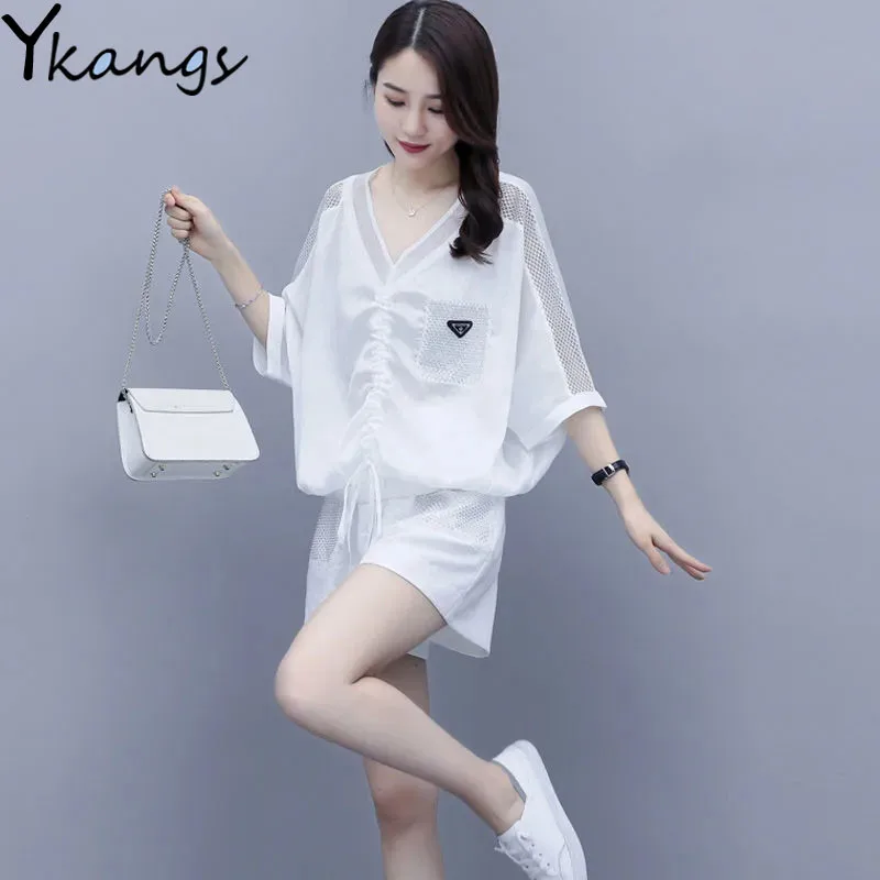 

Summer Women Suit New Hollow Stitching T-shirt Shorts Sets Korean Lady High Waist Shorts Breathable Short Sleeve Two-piece Suit