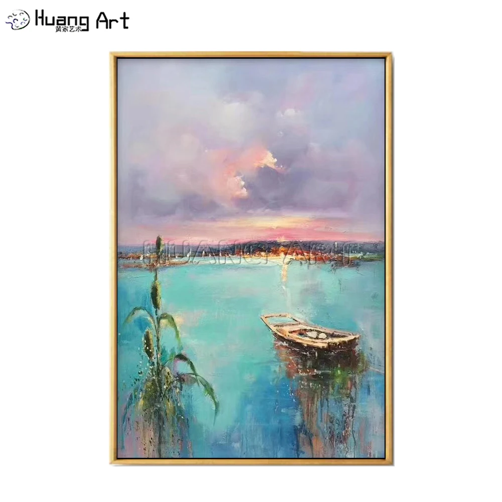 Handmade Boat parked by the Lake Landscape Oil Painting on Canvas by Skilled Painter Sunrise Seascape Painting for Room Decor