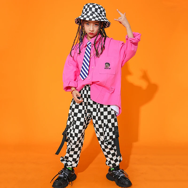 Vêtements Hip Hop pour enfants, chemise rose à manches longues, pantalons à carreaux décontractés pour filles, vêtements Rave Street Jazz, BL5810