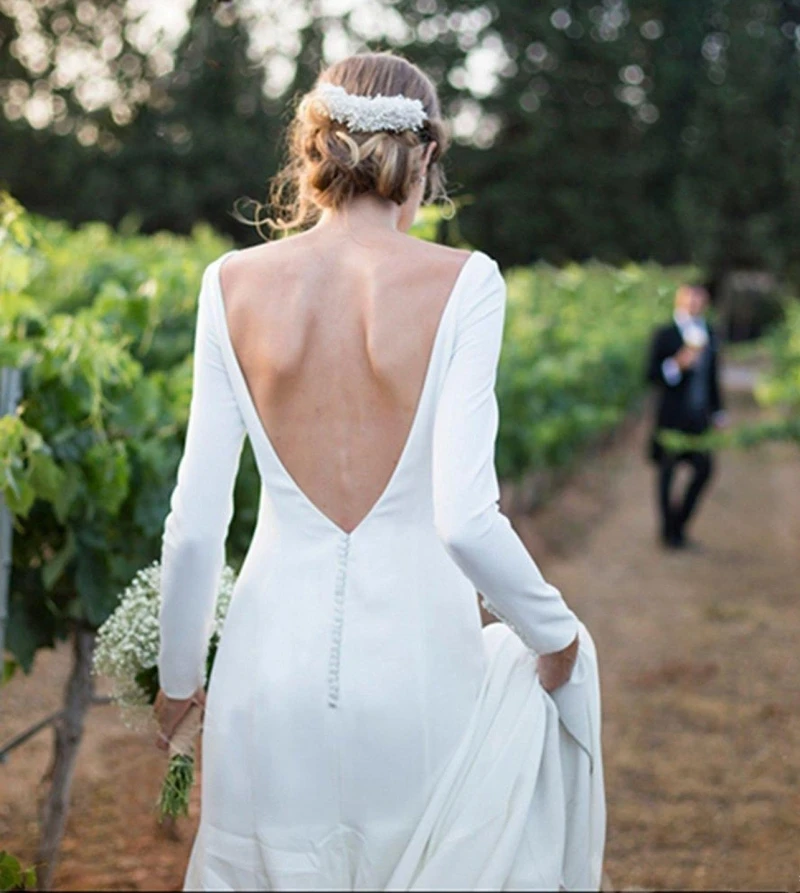 2023 neue Land Hochzeit Kleid Lange Ärmeln Bateau-ausschnitt Backless Sweep Zug Böhmen Brautkleider Tasten Vestidos De Noiva