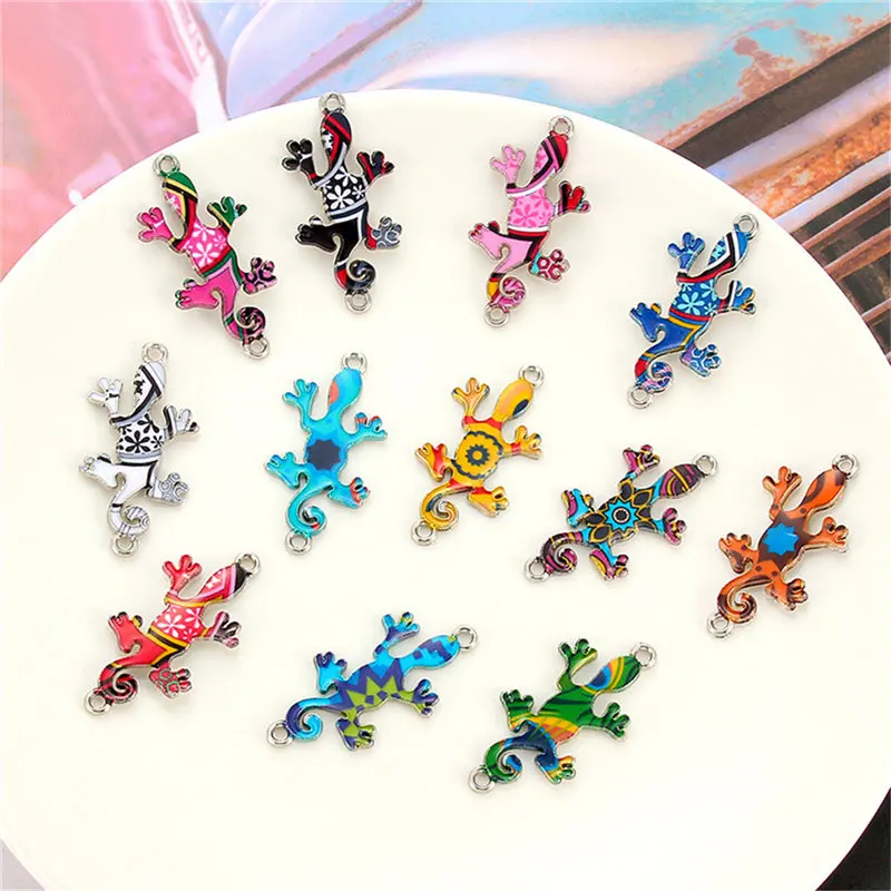 Julie Wang 10PCS Enamel Gecko Charms Random Color Pattern Alloy Lizard Animal Pendants Bracelet Jewelry Making Accessory