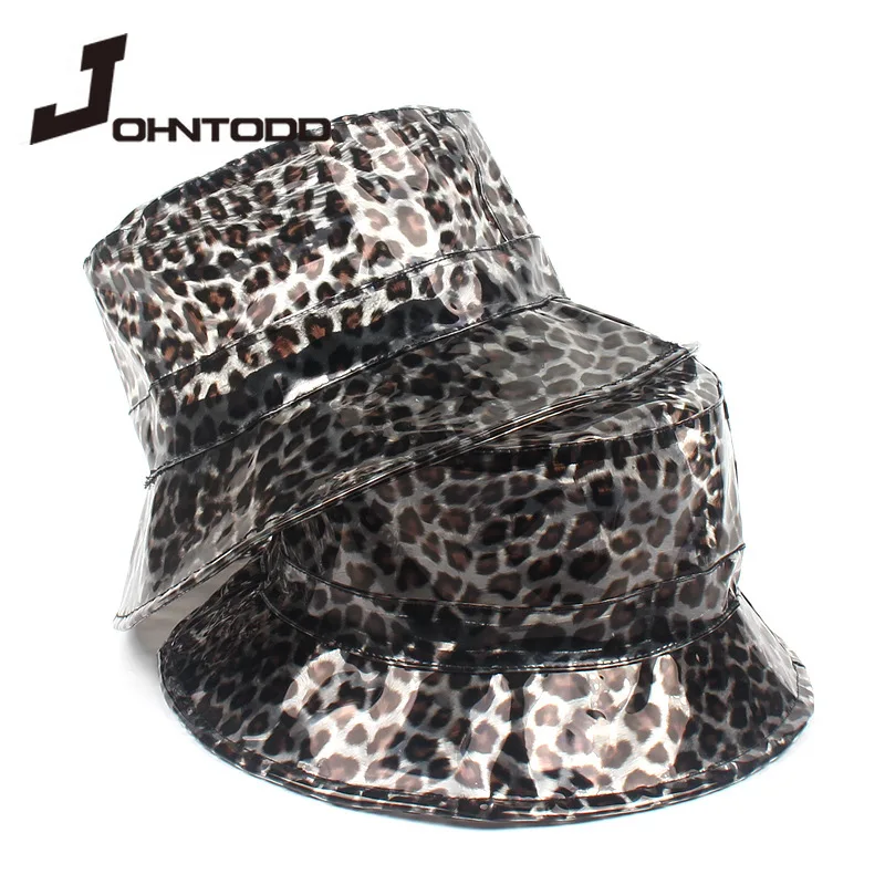 

2021 Summer Woman Black Clear Pvc Leopard Fisherman Hat Foldable Visor Cap Unisex Foldable Bucket Hat Outdoor Sunscreen Sunhat