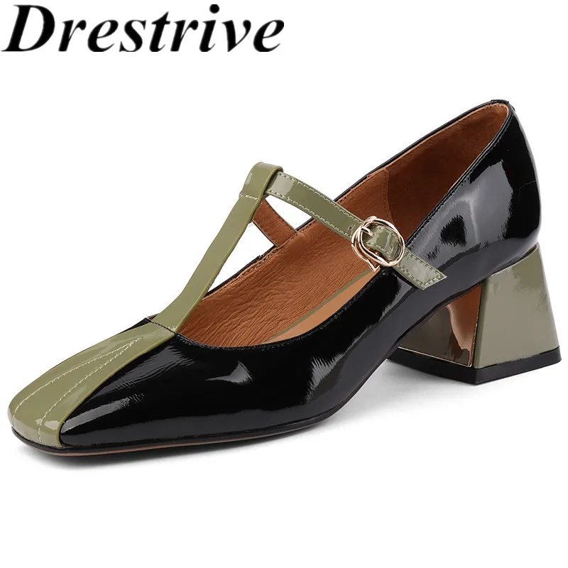 Drestrive Patent Leahter Mary Janes Square Toe Buckle Patchwork 2021 Summer Thick High Heel Shoes Big Size 42 Women Pumps