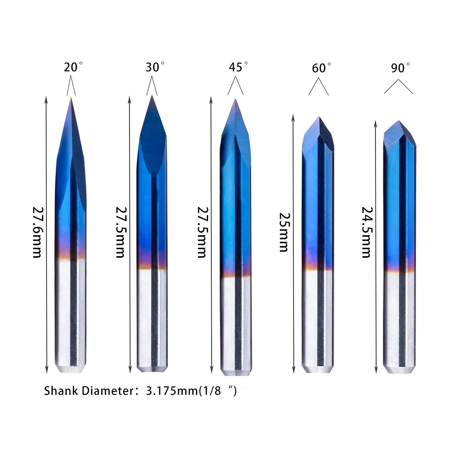 V-bits End Mill Coated Solid Carbide, 10pcs 20/30/45/60/90 Degree Milling Cutter for Acrylic Wood Aluminum Lettering Sign Making