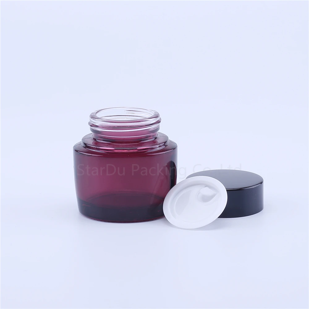 

120pcs 40g dark purple Glass Cream Jars Cosmetic Packaging with lid plastic caps & inner liners round empty small glass jars