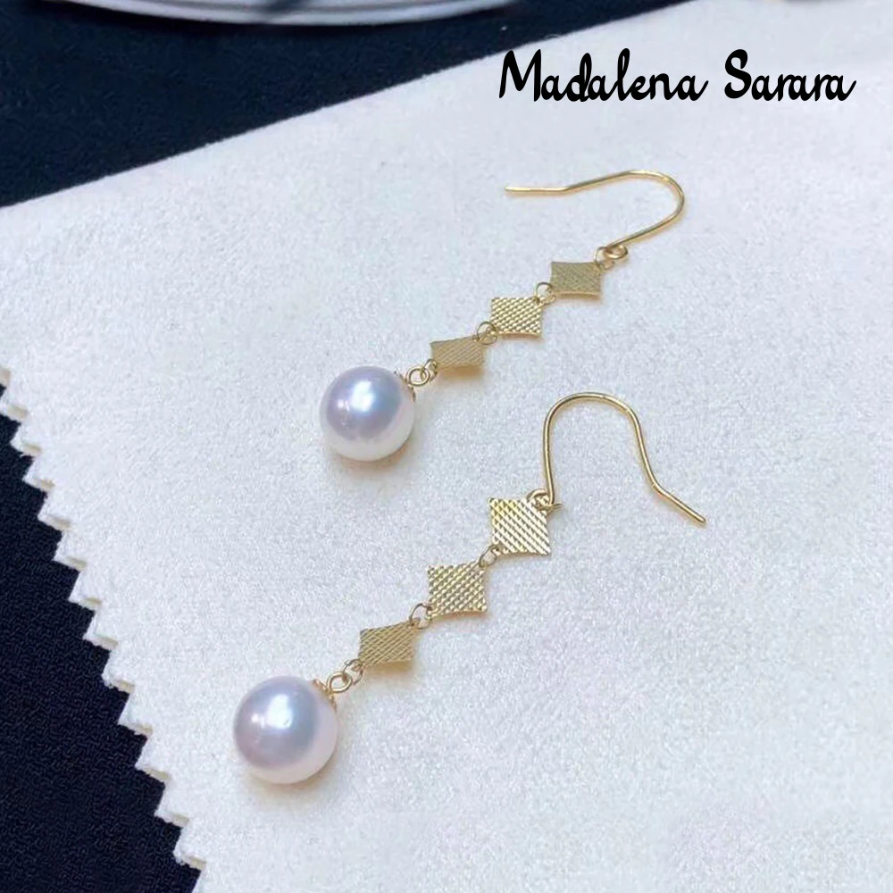 MADALENA SARARA 7-8mm AAA Saltwater Akoya Pearl 18K Women Earrings Geometric Style Au750 Women Drop Line Earrings