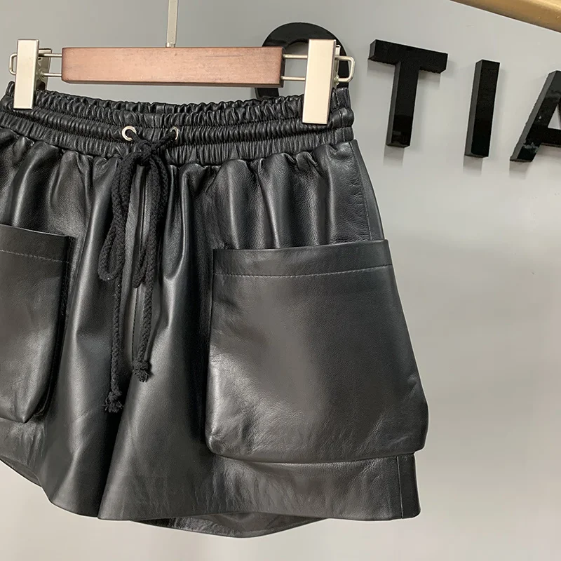 Elastic Sheepskin High Waist Wide Leg Shorts Women Autumn Winter Loose Real Leather Casual Shorts Lace Up Office Black Shorts