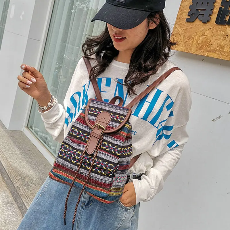 National Style Stripes women backpack vintage Drawstring Female backpacks Canvas Gym Bag Travel Daypack Student School bags