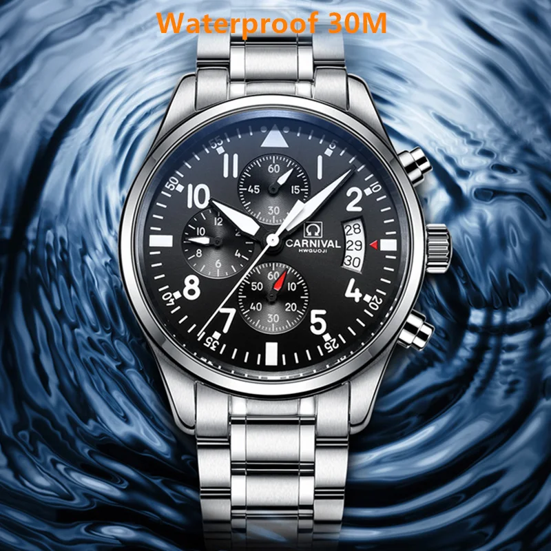 Imagem -03 - Cronógrafo Luminoso Militar Correndo Esporte Aço Completo Homens Parar Relógio Pulseira de Couro Genuíno Marca Luxo Relógios Safira Reloj