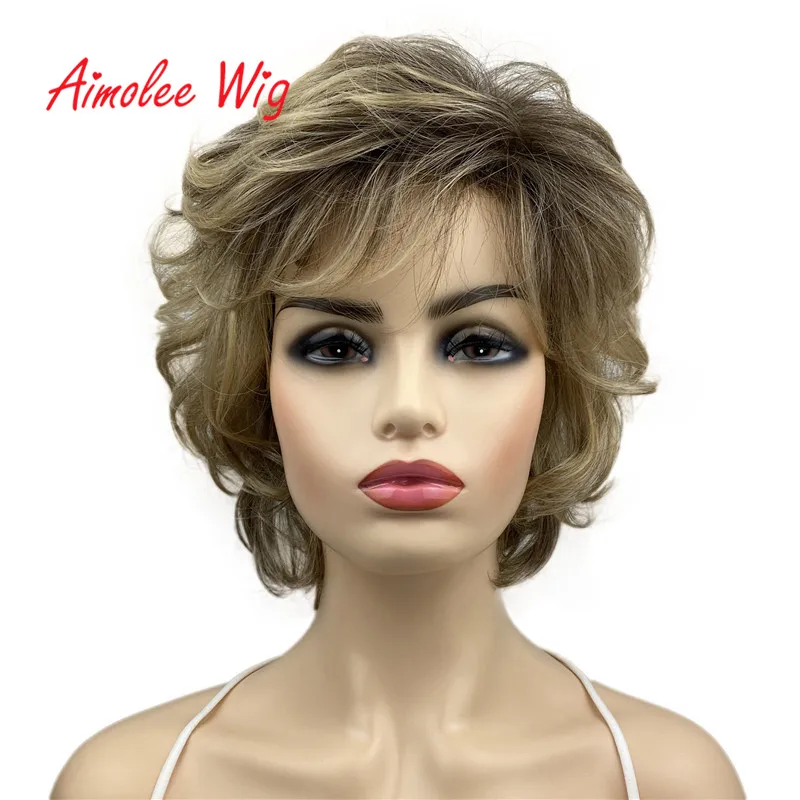 Aimolee Short Curly Wavy Synthetic Hair Wigs With Bangs Lightweight Natural Looking Hair for Women Brown Blonde Mix