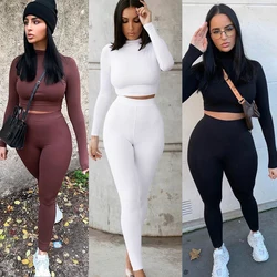 Tweedelige Sets Vrouwen Solid Herfst Trainingspakken Hoge Taille Elastische Sportkleding Hot Crop Tops En Leggings Bijpassende Outfits