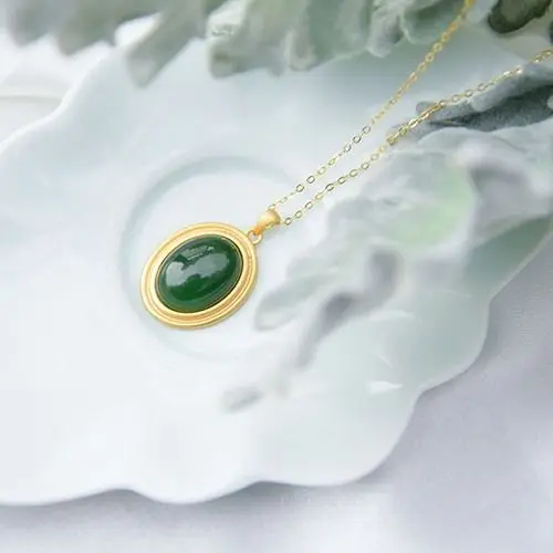 Natural Hetian jade green  Oval Pendant Necklace Chinese style retro unique gold craft charm women's silver jewelry