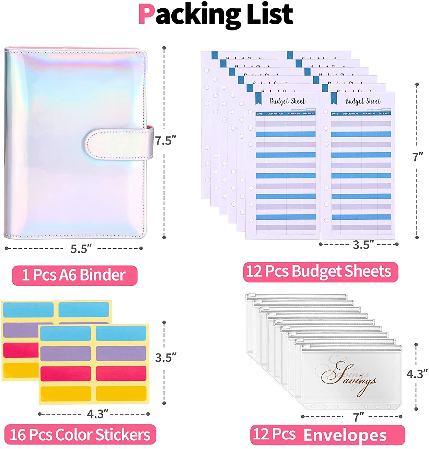 A6 PU Leather Binder Budget Planner Cash Envelopes Wallet with 12 Binder Pockets,12 Budget Sheets and Stickers,for Saving Money