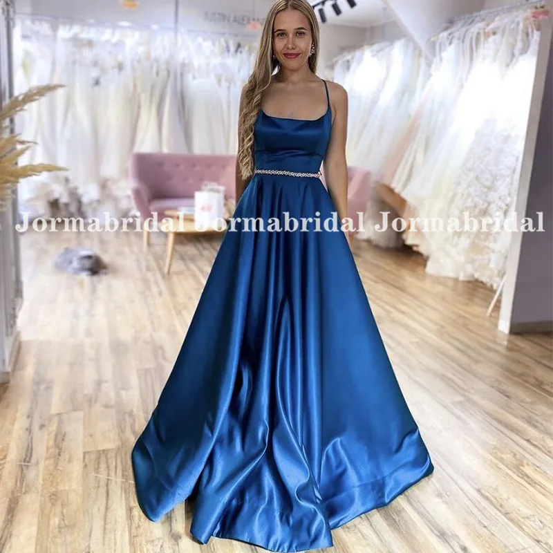 

Royal Blue Satin Ball Gown Prom Dresses With Rhinestons Belt Spaghetti Strap Crisscross Back Evening Gowns Custom Party Dress