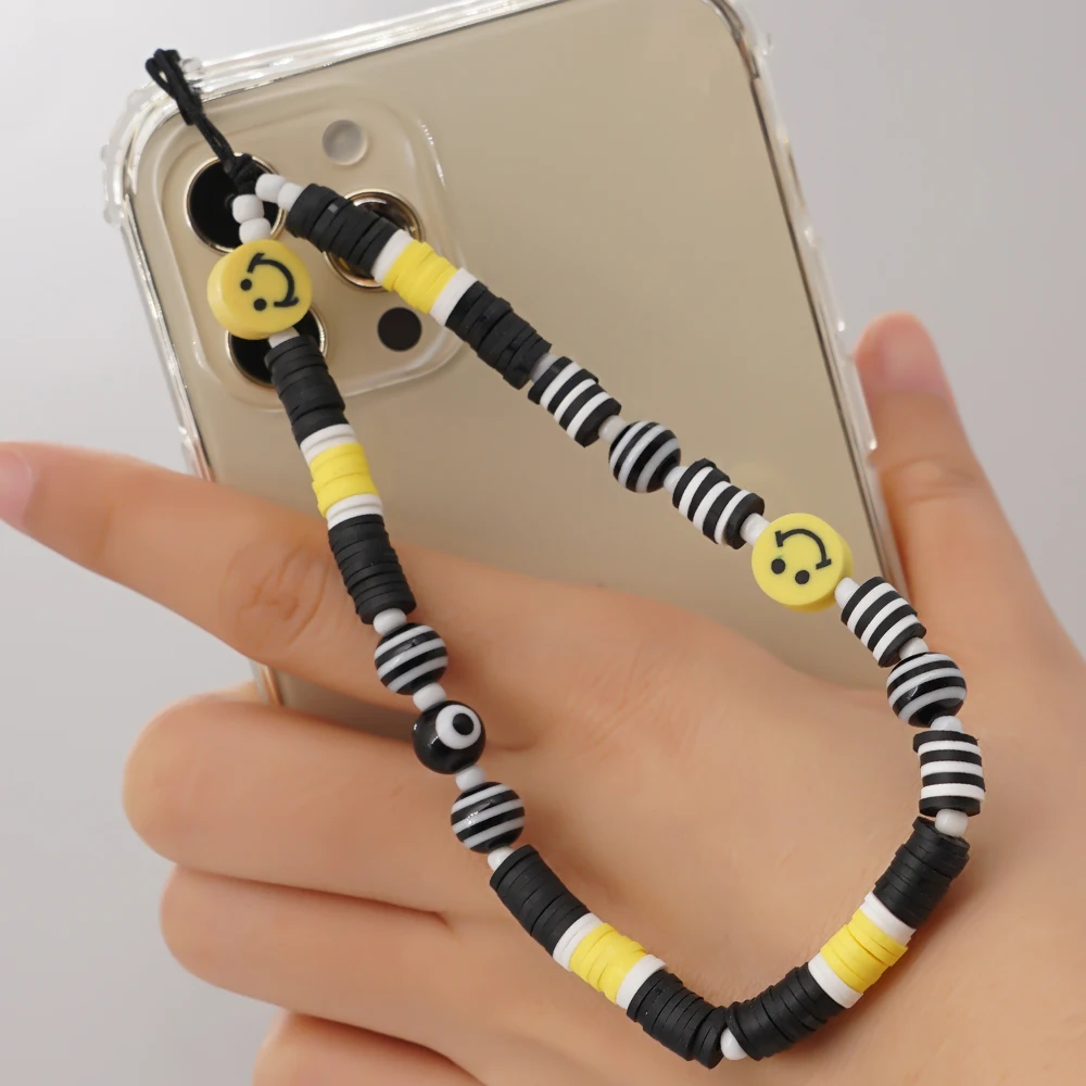 Go2Boho 2023 Newest Mobile Chain Phone Charm Beads Smile Face Evil Eye Telephone Jewelry For Women Heishi Polymer Clay Lanyard