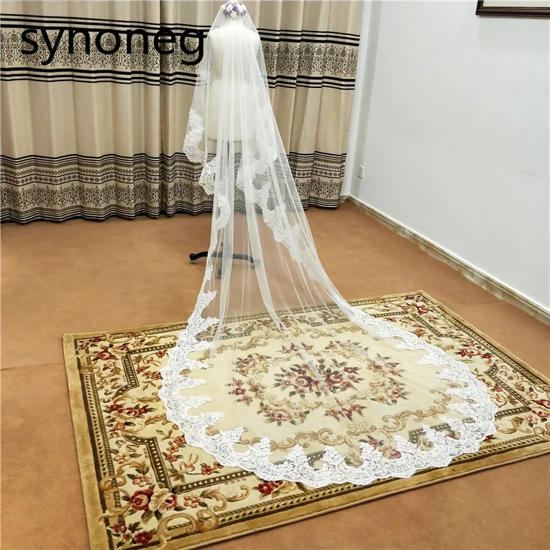 Veli da sposa Catherdal lunghi 300CM avorio bordo in pizzo a uno strato veli da sposa bianchi accessori da sposa da donna economici