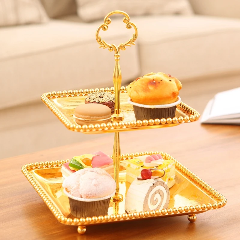 Gold Plating Round Alloy Two-tier Cake Fruit Tray European Home Wedding DIY Party Tabletop Decor Silver Square Metal Candy Dish 4