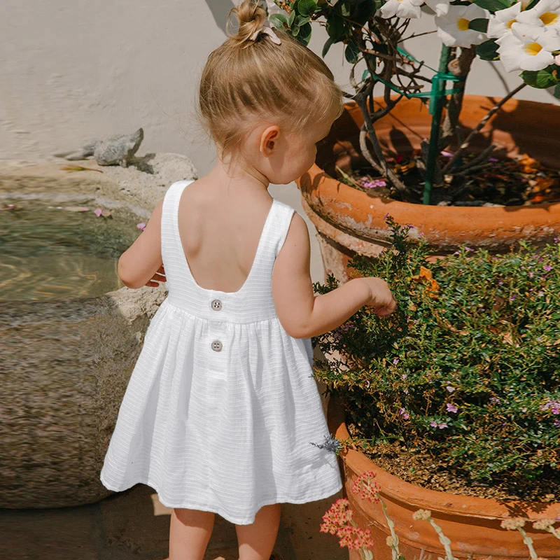 Girls Textured Cotton Sleeveless White Dress 2024 Summer New Toddler Baby Girl Round Neck Button Low-Back Kids Dresses TZ79