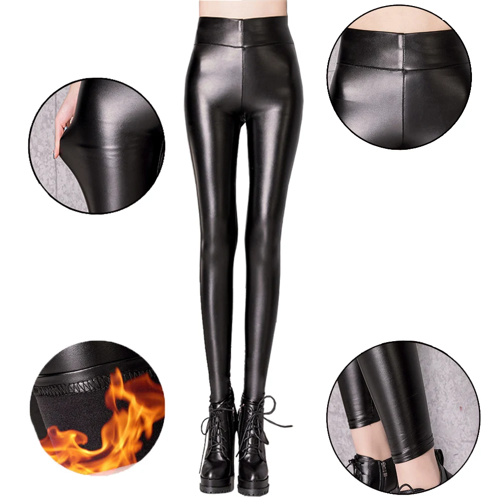 Calças de couro pu de veludo femininas, calças de couro pu de veludo com cintura alta, legging feminina sem rachadura, justa, calças de lã femininas