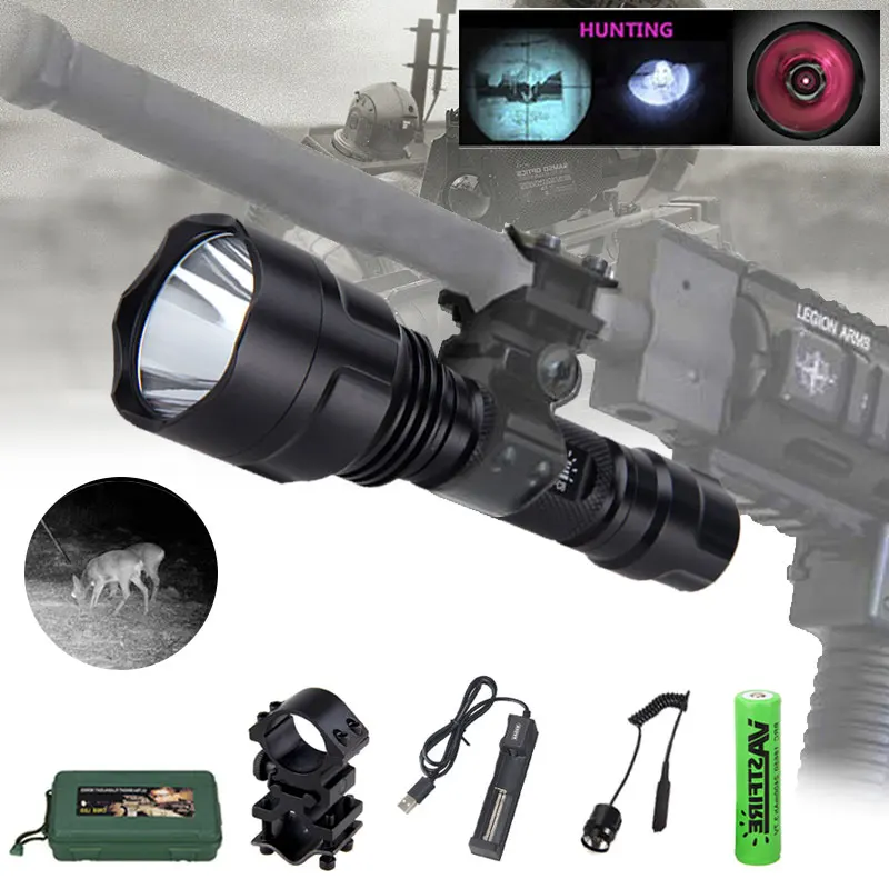 Infrared C8 Tactical Hunting Flashlight 850NM 940NM Night Vision Torch Waterproof LED Flashlights+18650+Charger+Mount+Switch+Box