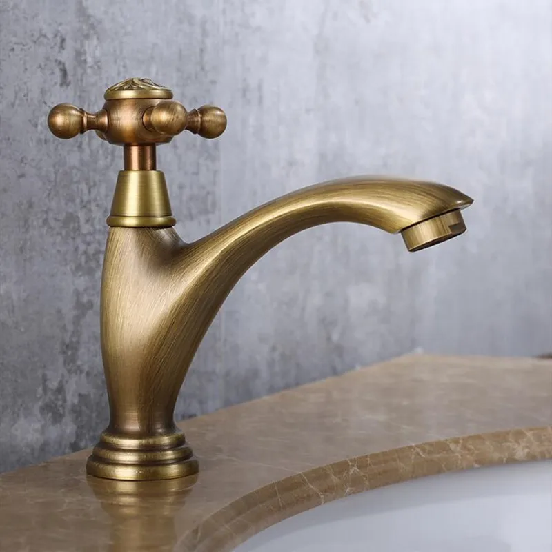 

Basin Faucet Bathroom Brass Tap Basin Bathroom Single Cold Art Carved Classical Tap Antique Finshed Cross Handle