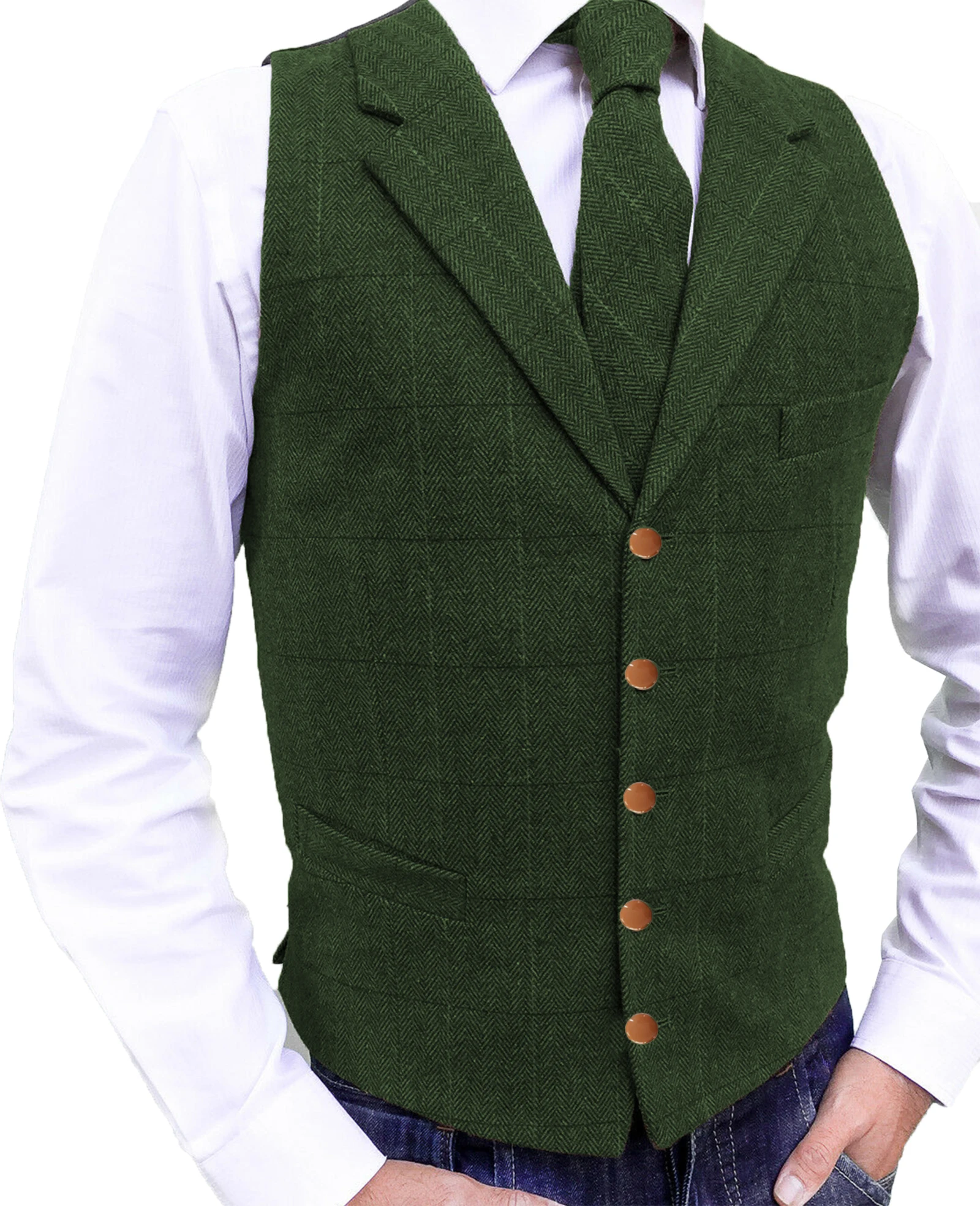 Marrone Casual Gentleman gilet verde militare da uomo Plaid giacca di lana morbida Tweed Business gilet per Groosmen Best Man Wedding Vest