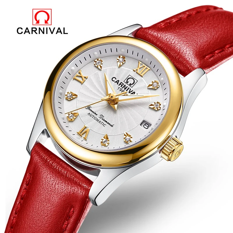 Reloj mecánico de marca CARNIVAL a la moda para mujer, vestido luminoso de lujo, reloj de pulsera automático, reloj femenino resistente al agua