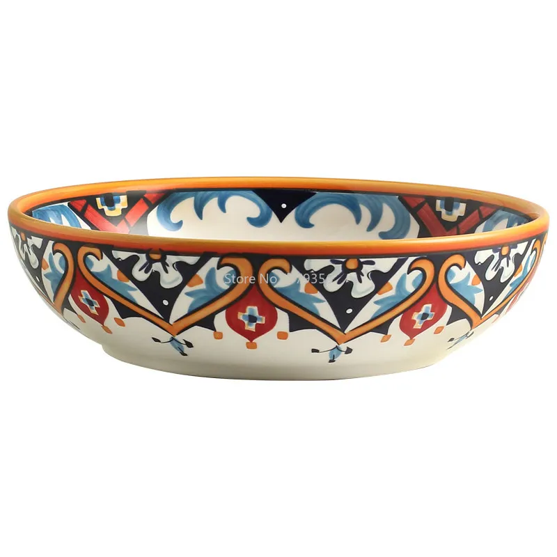 1Pcs American Country Hand-painted Ceramic Plate Tableware Soup Bowl Deep Dish Cover Rice Bowl Glaze Under The Flower Tray