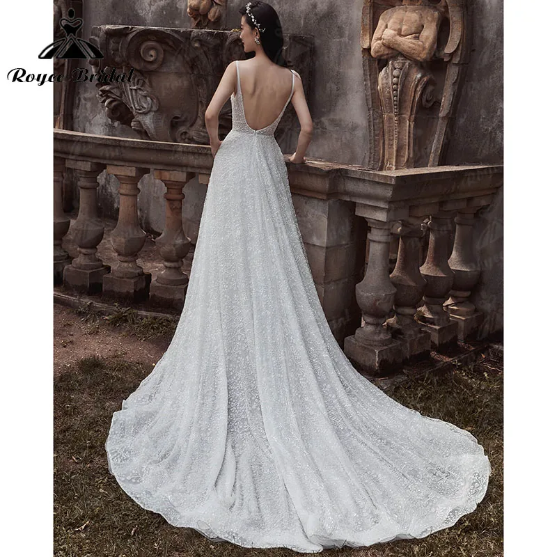 A Line Wedding Dresses with Pocket Lace Tank V Neck Sleeveless Split Side Backless Bridal Gowns Married Vestidos de Noivas 2022