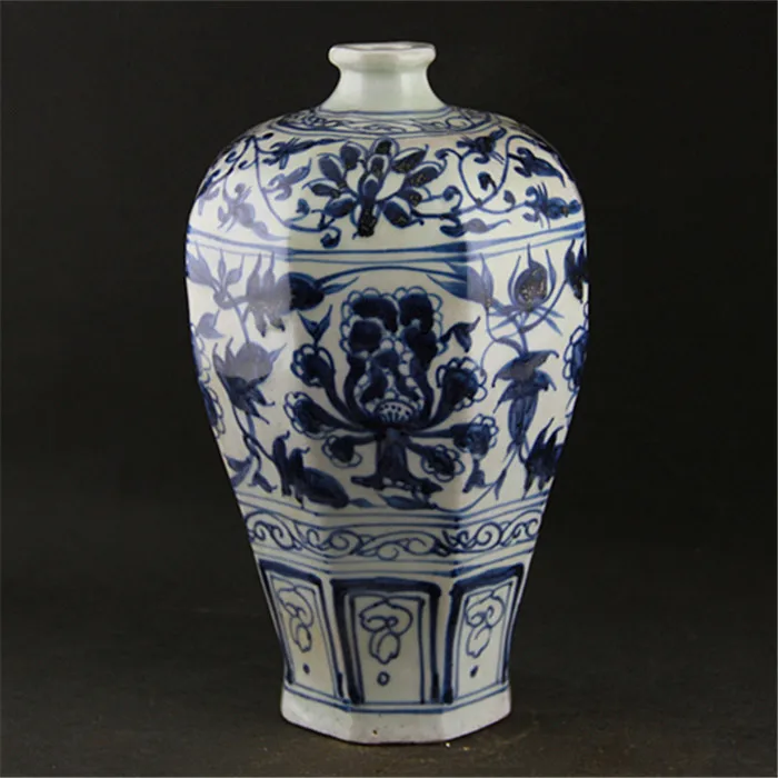 Yuan Dynasty Quaint Blue And White Rich Peony Pattern Eight Square Plum Vase