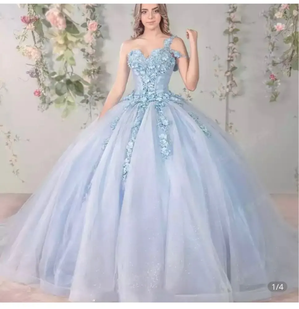 Verngo-vestido de baile de quinceañera para mujer, traje de fiesta largo de un hombro, 3D, flores, brillo esponjoso, 16