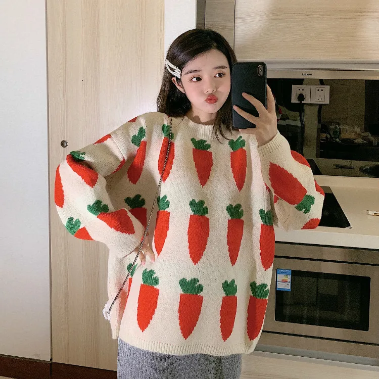 Women\'s Kawaii Knitted Sweater, Cute Carrot Embroidery, Thicken Loose Sweater, Harajuku Ulzzang Sweaters, Lady\'s Clothing