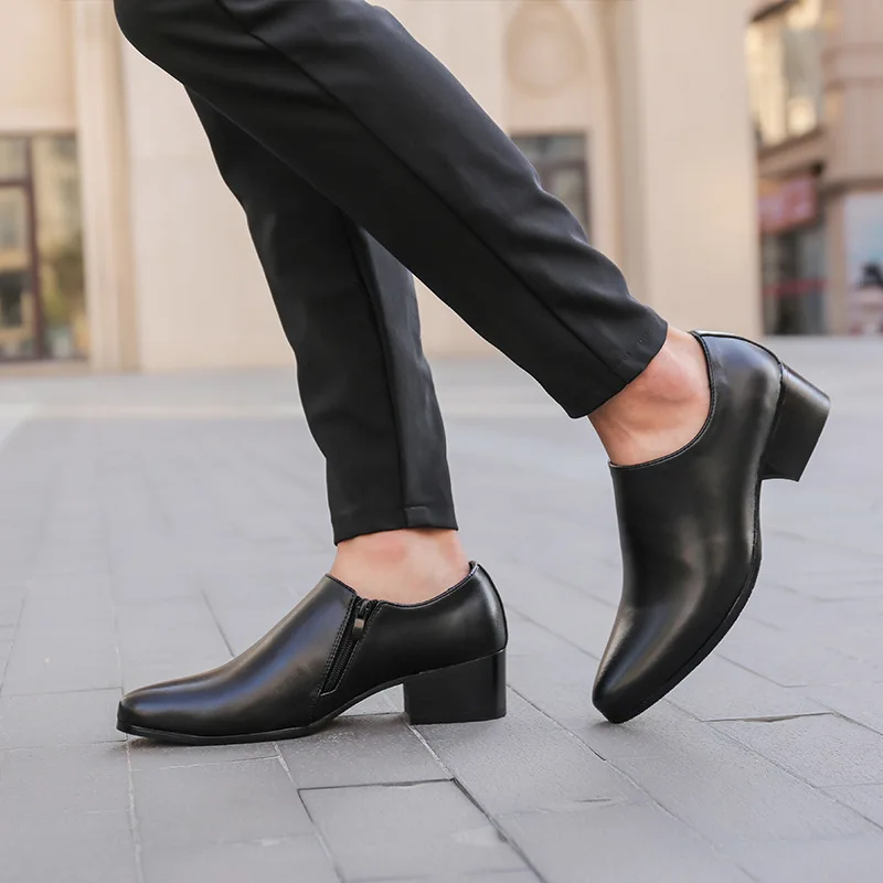 New 8CM Platform Leather Shoes Men Two-layer Cowhide Dress Shoes 2021 Fashion Pointed Toe Zipper Black Casual Business Man Shoe