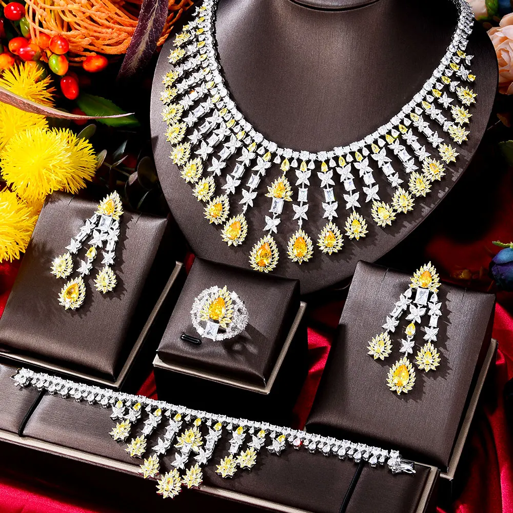 GODKI Famous Brand 4PCS Yellow Luxury African Jewelry Set For Women Wedding Party Zircon Crystal Dubai Bridal Jewelry Set Gift