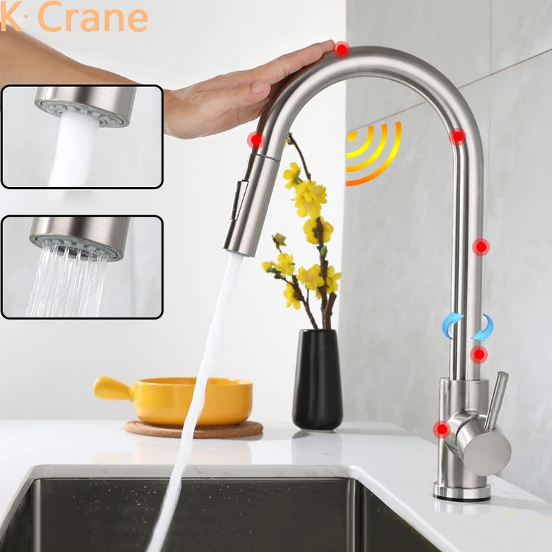 Kitchen Touch Sensor Faucet Sink Automatic Smart Sense Tap Auto Hot Cold Mixer Crane Stainless Steel Tap with Pull Down Sprayer