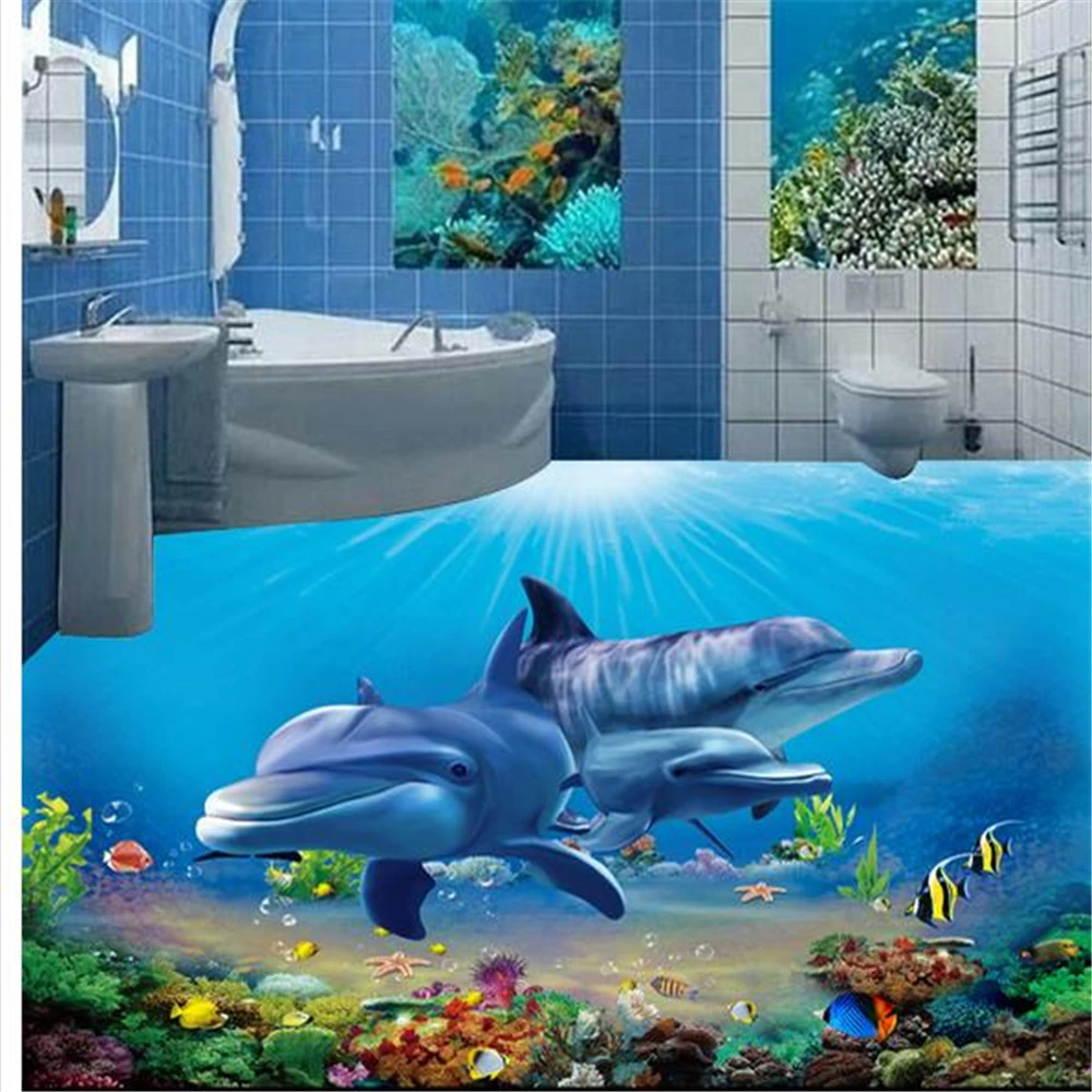 

Custom 3d floor pvc self-adhesive wallpaper 3d landscape wallpaper 3D Underwater World Bathroom Floor Mural