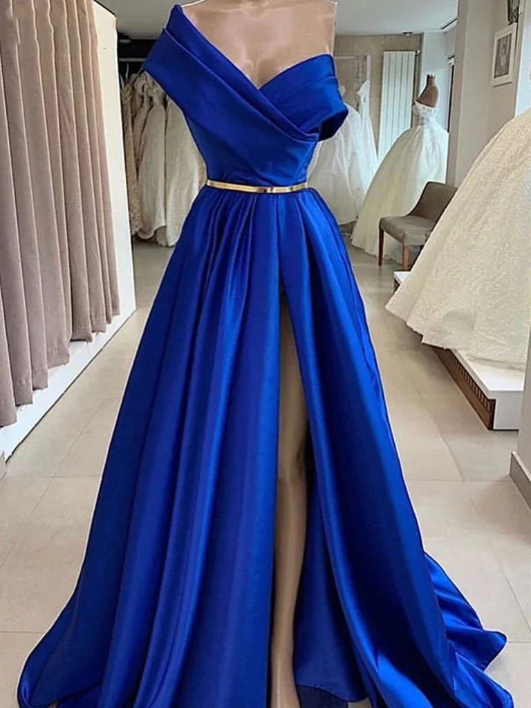 Elegante um ombro royal azul vestidos de baile longo robe de soiree a linha cinto de cetim dubai sexy alta fenda formal vestido de noite novo