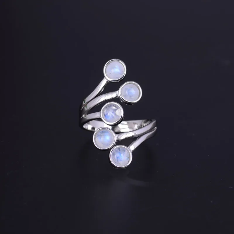 CSJ Natural Blue Moonstone Ring Sterling Silver Gemstone 5mm Fine Jewelry Wedding Engagement Party Birthday for Women Lady Gift