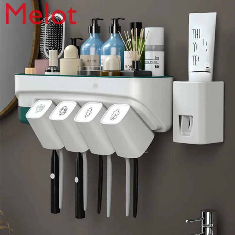 

Toothbrush Rack Bathroom Mouthwash Cup Free Punch Multi-Function Suction Wall Tooth Mug Tooth-Cleaners Set Toothpaste Squeezer