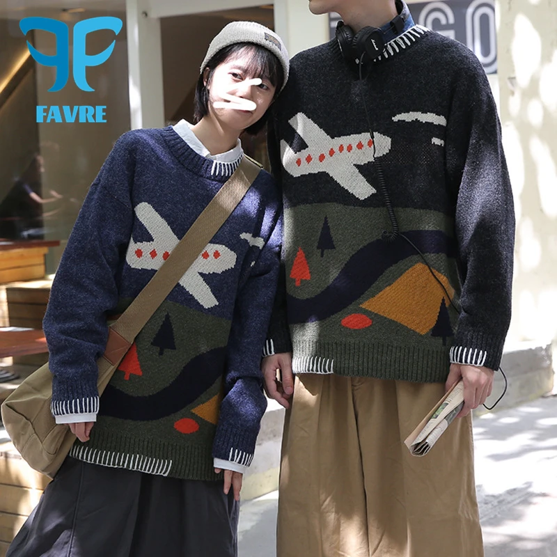 

FAVRE Couple Sweaters Pullovers Men Vintage Cartoon Airplane Contrast Loose Sweater Autumn Winter Women Harajuku Knitting Jumper