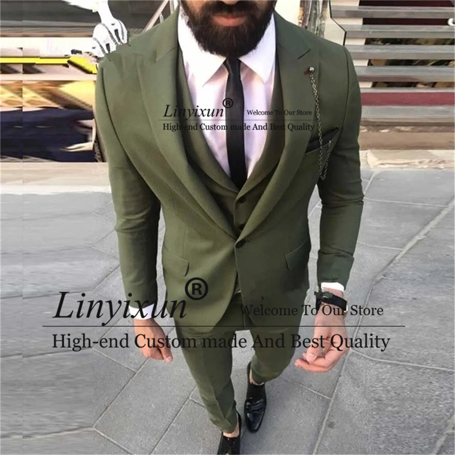 

Fashion Army Green Mens Suits For Wedding Peak Lapel Groom Tuxedos Slim Fit 3 Pieces Groomsman Wear Blazer Pants Vest Outfit