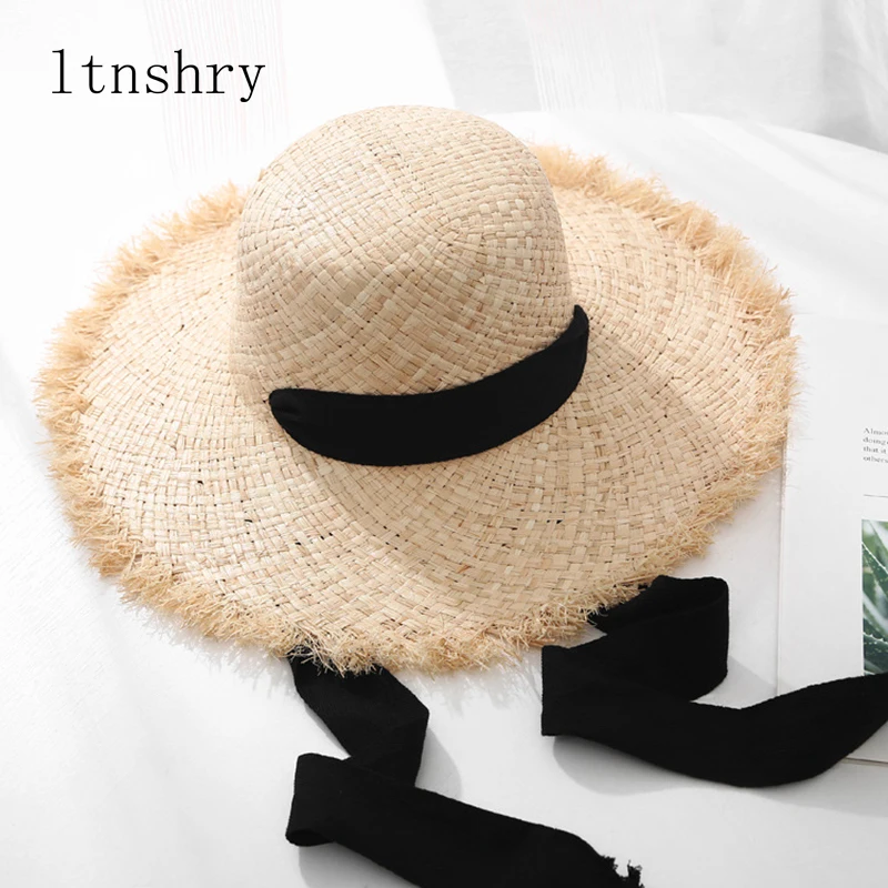 

Summer spring Fashion Women's Weave Raffia Straw Hat Wide Brim Sun hat With ribbon Outdoor Holiday Flat Round Top Beach Hat